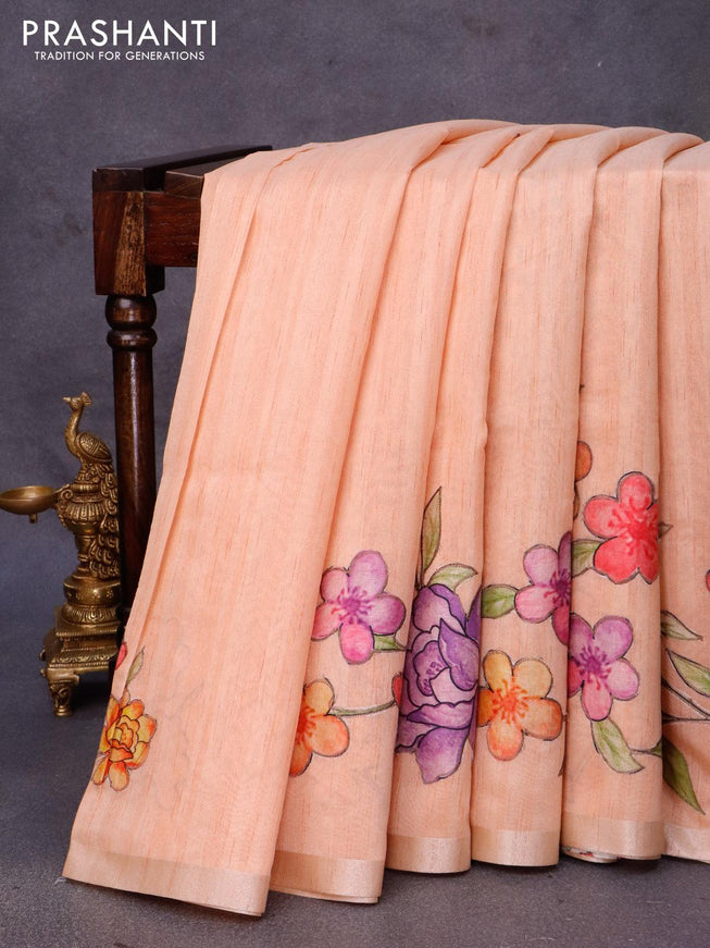 Semi tussar saree peach orange with allover floral design applique work and zari woven border