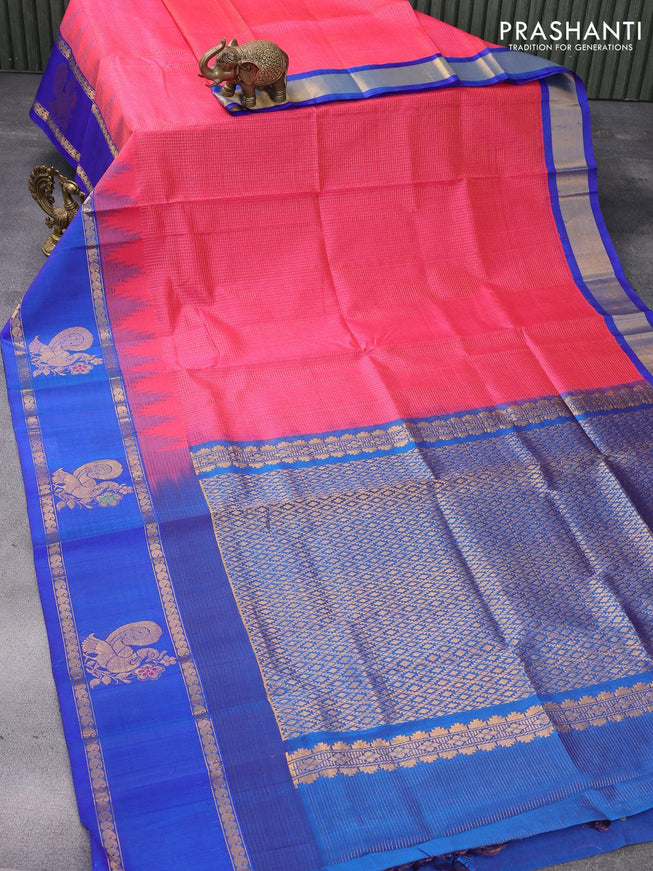 Kuppadam silk cotton saree pink and blue with allover zari checked pattern and rettapet zari woven butta border