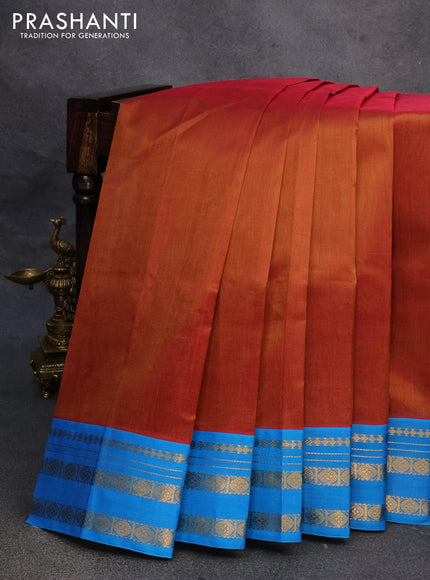 Silk cotton saree dual shade of rustic pink and cs blue with plain body and zari woven korvai border