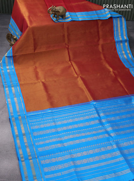 Silk cotton saree dual shade of rustic pink and cs blue with plain body and zari woven korvai border