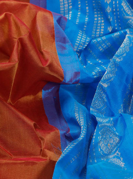 Silk cotton saree dual shade of rustic pink and cs blue with plain body and zari woven korvai border