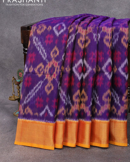 Ikat silk cotton saree blue and dual shade of mustard yellow with allover ikat weaves and zari woven border