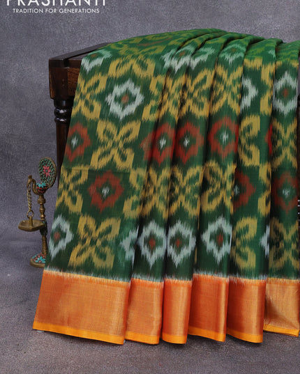 Ikat silk cotton saree green and dual shade of mustard yellow with allover ikat weaves and zari woven border