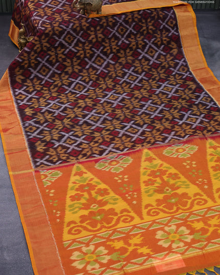 Ikat silk cotton saree brown and dual shade of mustard yellow with allover ikat weaves and zari woven border