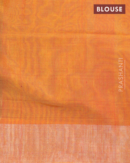 Ikat silk cotton saree brown and dual shade of mustard yellow with allover ikat weaves and zari woven border