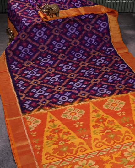 Ikat silk cotton saree blue and dual shade of mustard yellow with allover ikat weaves and zari woven border