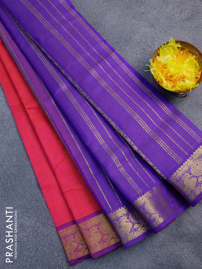 Silk cotton saree dual shade of pink and blue with allover vairaosi pattern and annam zari woven border