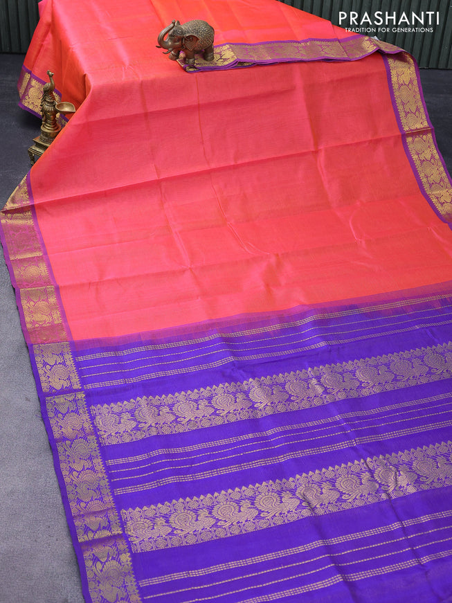 Silk cotton saree dual shade of pinkish orange and blue with allover vairaosi pattern and annam zari woven border