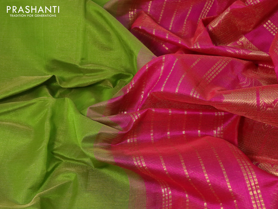Silk cotton saree light green and pink with allover vairaosi pattern and temple design zari woven border