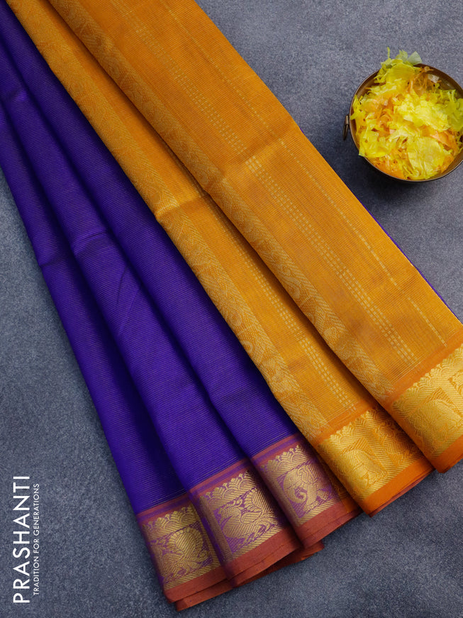 Silk cotton saree blue and mustard yellow with allover vairaosi pattern and annam & elephant zari woven border