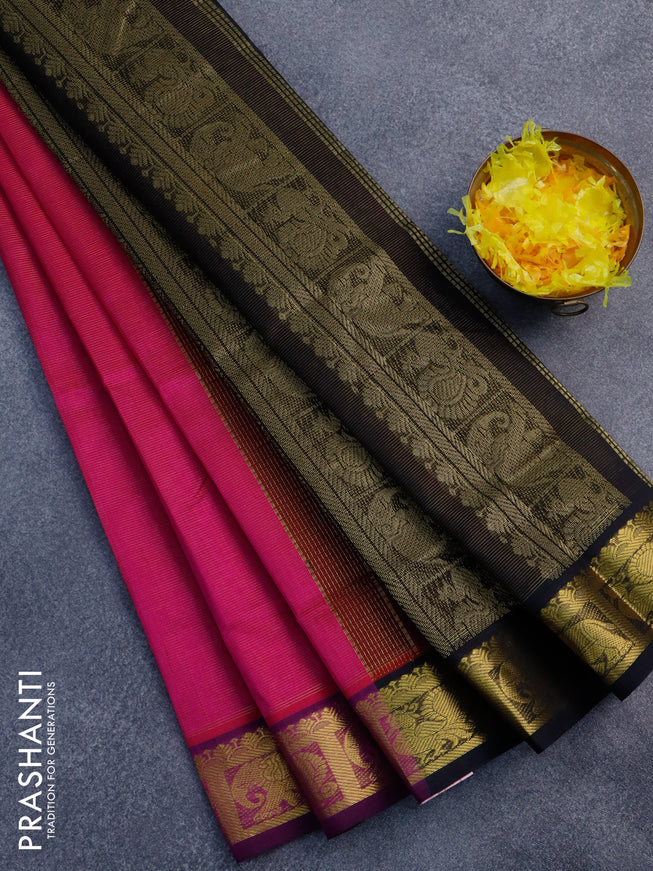 Silk cotton saree pink and black with allover vairaosi pattern and annam & elephant zari woven border