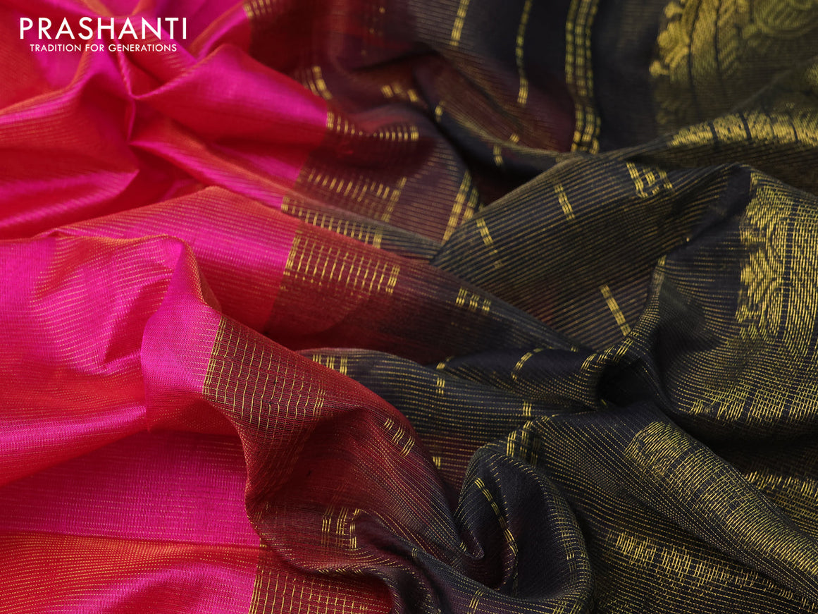 Silk cotton saree pink and black with allover vairaosi pattern and annam & elephant zari woven border
