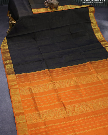 Silk cotton saree black and orange with allover vairaosi pattern and annam zari woven border