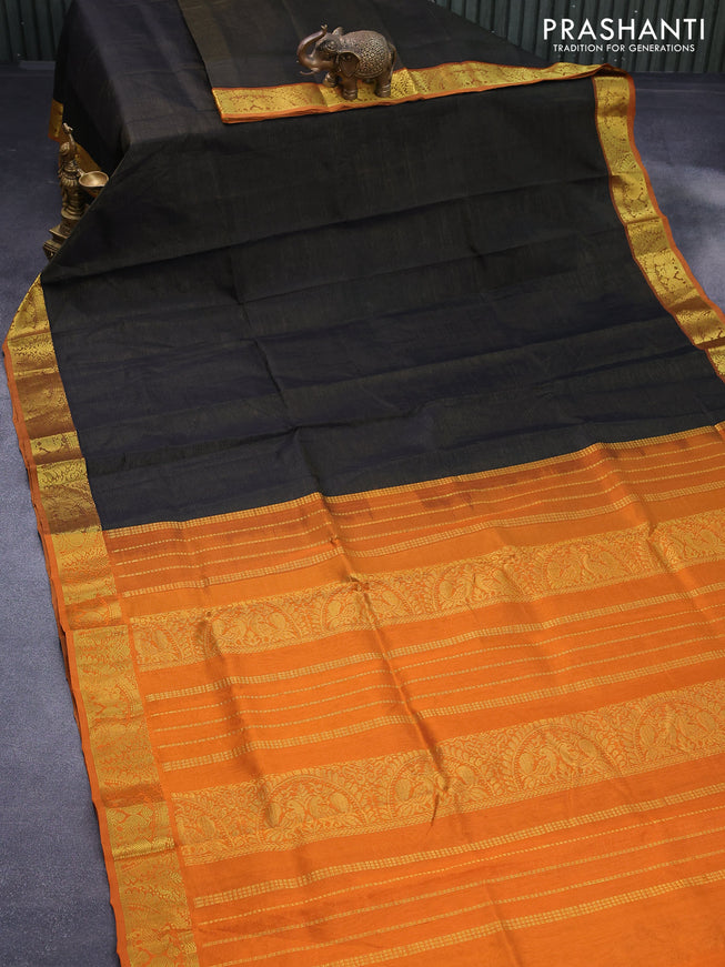 Silk cotton saree black and orange with allover vairaosi pattern and annam zari woven border