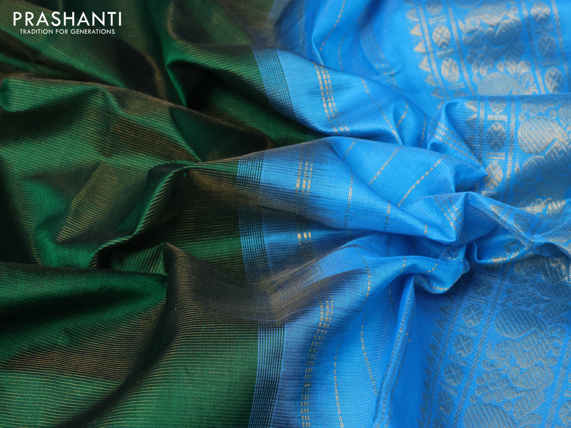 Silk cotton saree green and light blue with allover vairaosi pattern and annam design rettapet zari woven border