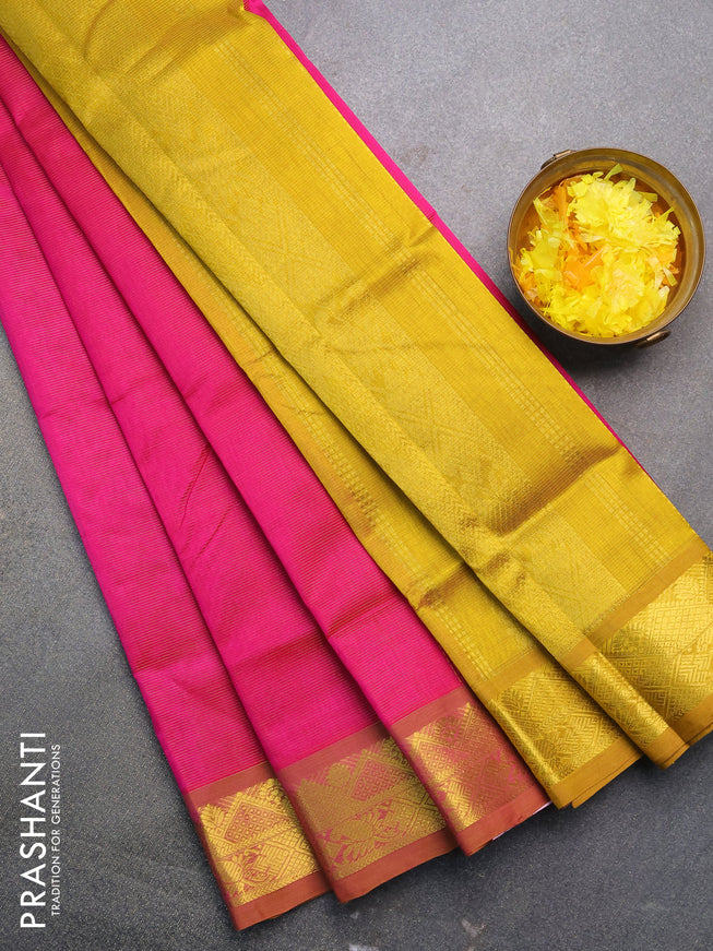 Silk cotton saree pink and mustard yellow with allover vairaosi pattern and zari woven border