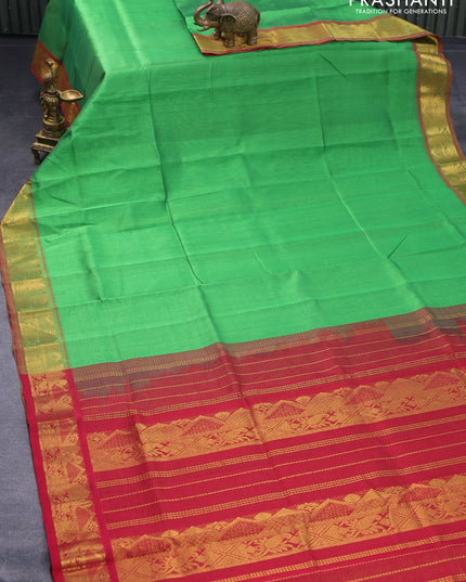 Silk cotton saree green and maroon with allover vairaosi pattern and zari woven border