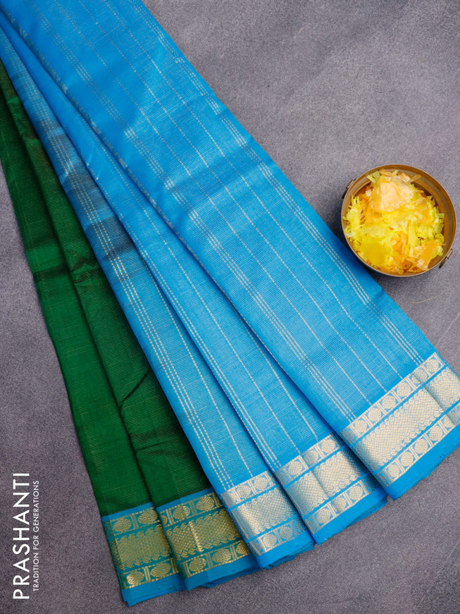 Silk cotton saree green and cs blue with allover vairaosi pattern and rudhraksha zari woven border