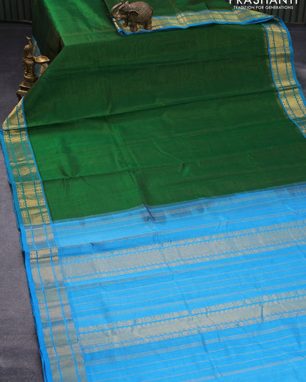 Silk cotton saree green and cs blue with allover vairaosi pattern and rudhraksha zari woven border