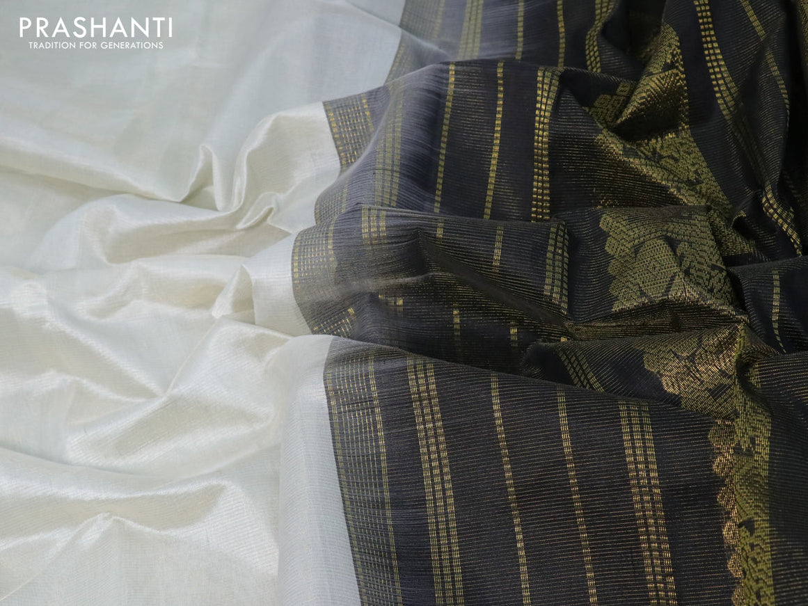 Silk cotton saree pastel grey and black with allover vairaosi pattern and annam zari woven border