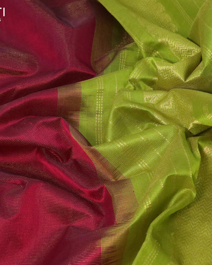 Silk cotton saree dark pink and light green with allover vairaosi pattern and zari woven border