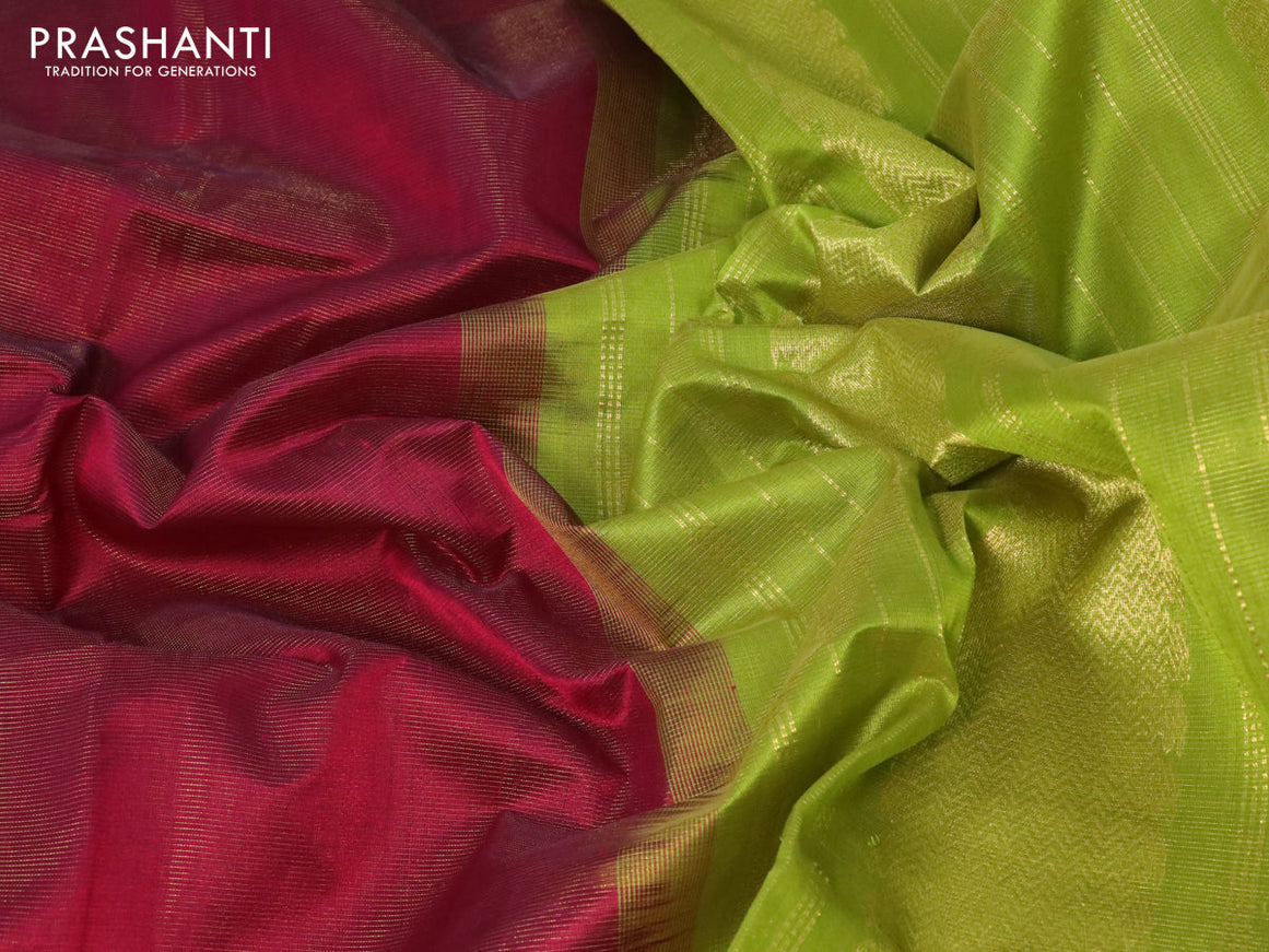 Silk cotton saree dark pink and light green with allover vairaosi pattern and zari woven border