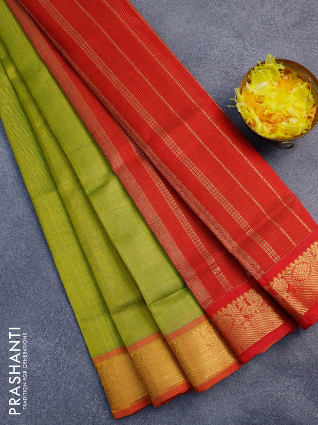 Silk cotton saree lime green and reddish pink with allover vairaosi pattern and annam zari woven border