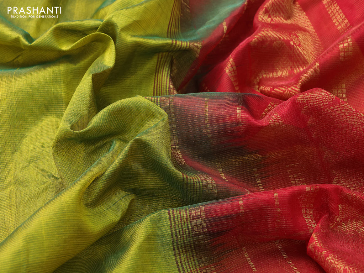 Silk cotton saree lime green and reddish pink with allover vairaosi pattern and annam zari woven border