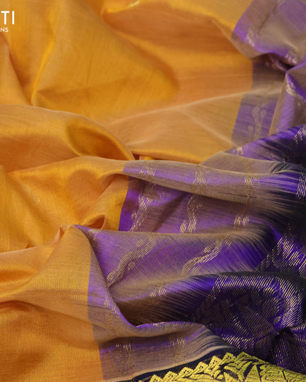 Silk cotton saree mustard yellow and blue with zari woven buttas and annam zari woven border