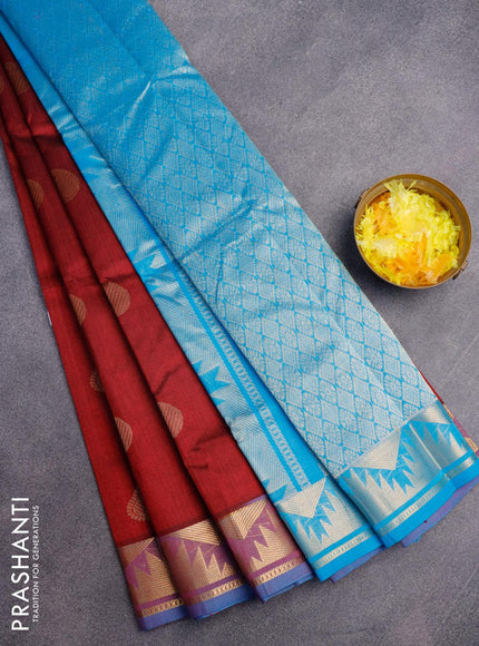 Silk cotton saree maroon and cs blue with zari woven buttas and temple zari woven border