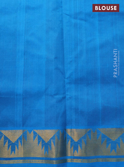 Silk cotton saree maroon and cs blue with zari woven buttas and temple zari woven border