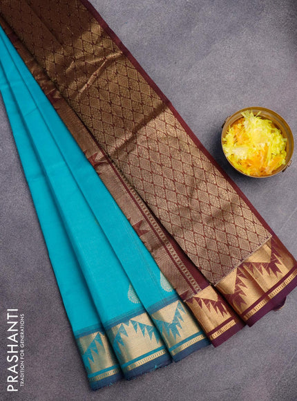 Silk cotton saree teal blue and brown with zari woven buttas and temple zari woven border