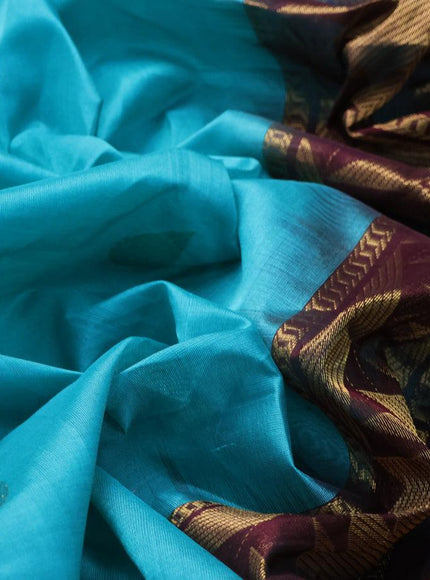 Silk cotton saree teal blue and brown with zari woven buttas and temple zari woven border