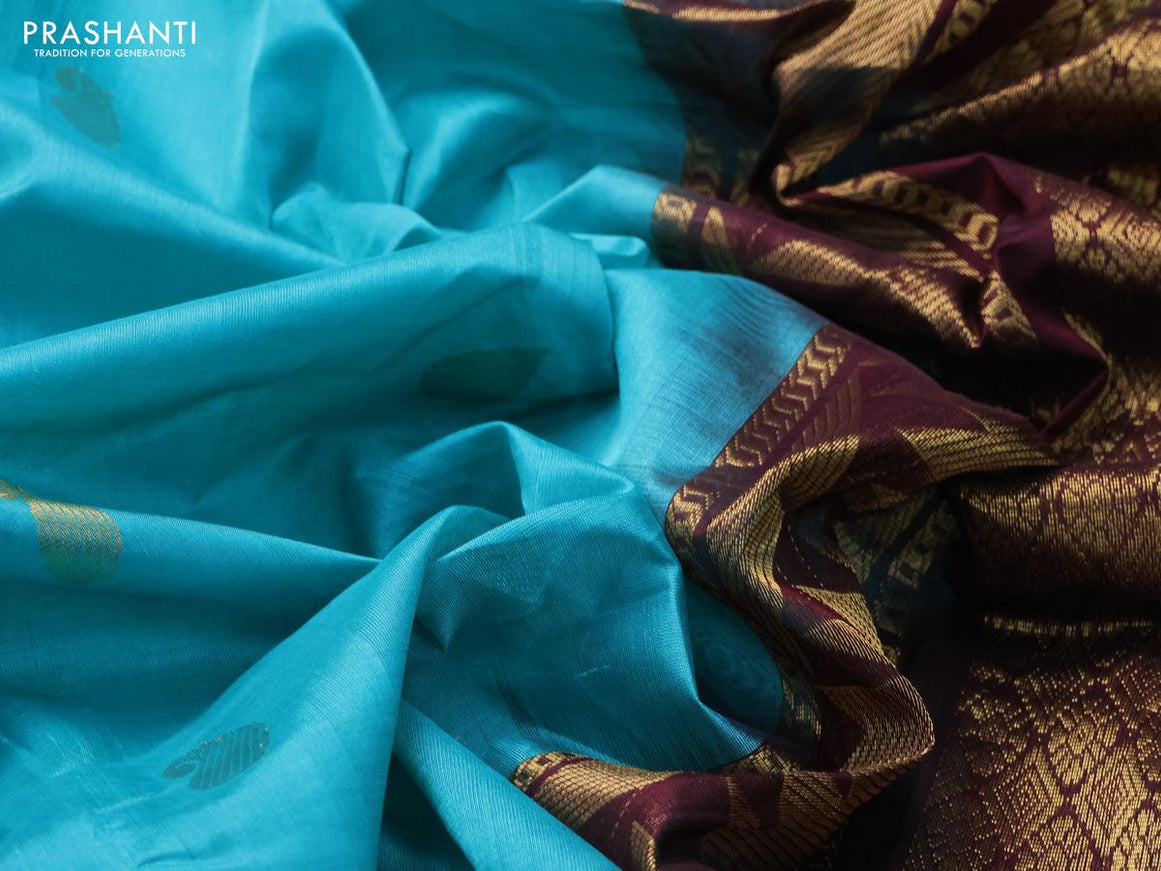 Silk cotton saree teal blue and brown with zari woven buttas and temple zari woven border