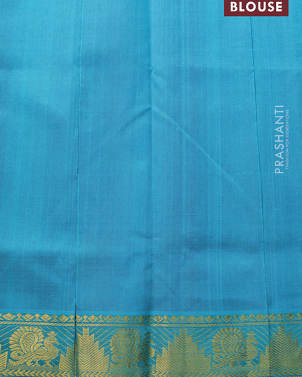 Silk cotton saree pink and teal blue with annam & paisley zari woven buttas and temple & annamzari woven border