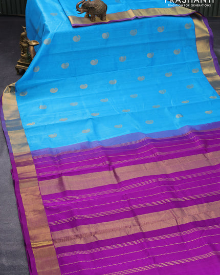 Silk cotton saree blue and purple with paisley zari woven buttas and zari woven border