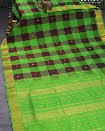 Silk cotton saree coffee browm and green with allover paalum pazhamum checks & paisley zari buttas and zari woven border