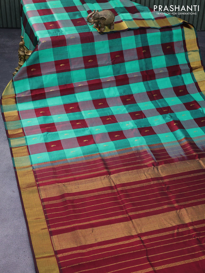 Silk cotton saree multi colour and maroon with allover paalum pazhamum checks & paisley zari buttas and zari woven border