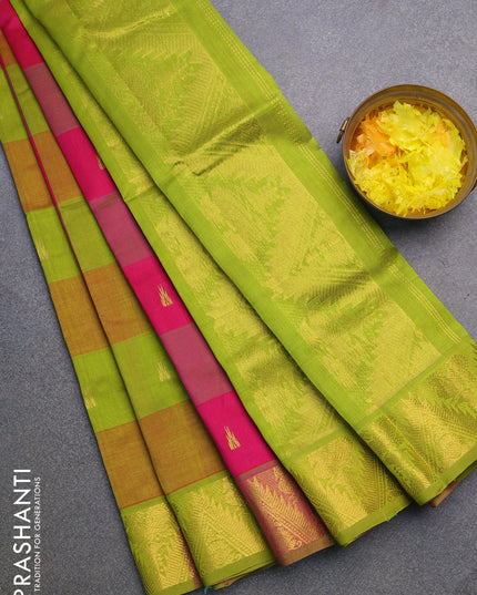 Silk cotton saree pink and light green with allover paalum pazhamum checks & paisley zari buttas and zari woven border