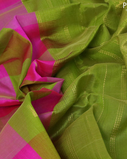 Silk cotton saree pink and light green with allover paalum pazhamum checks & paisley zari buttas and zari woven border
