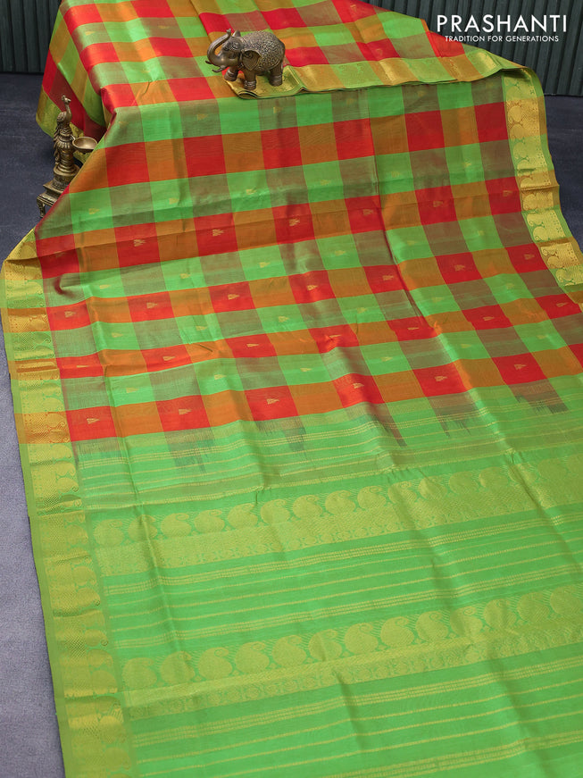 Silk cotton saree multi colour and green with allover paalum pazhamum checks & temple zari buttas and paisley zari woven border