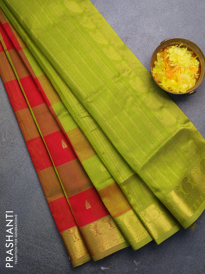 Silk cotton saree red and light green with allover paalum pazhamum checks & temple zari buttas and paisley zari woven border