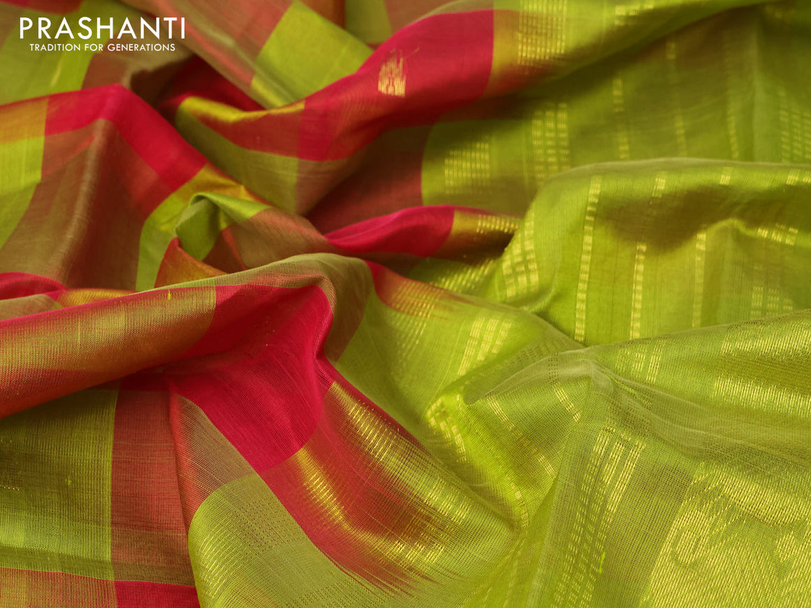 Silk cotton saree red and light green with allover paalum pazhamum checks & temple zari buttas and paisley zari woven border