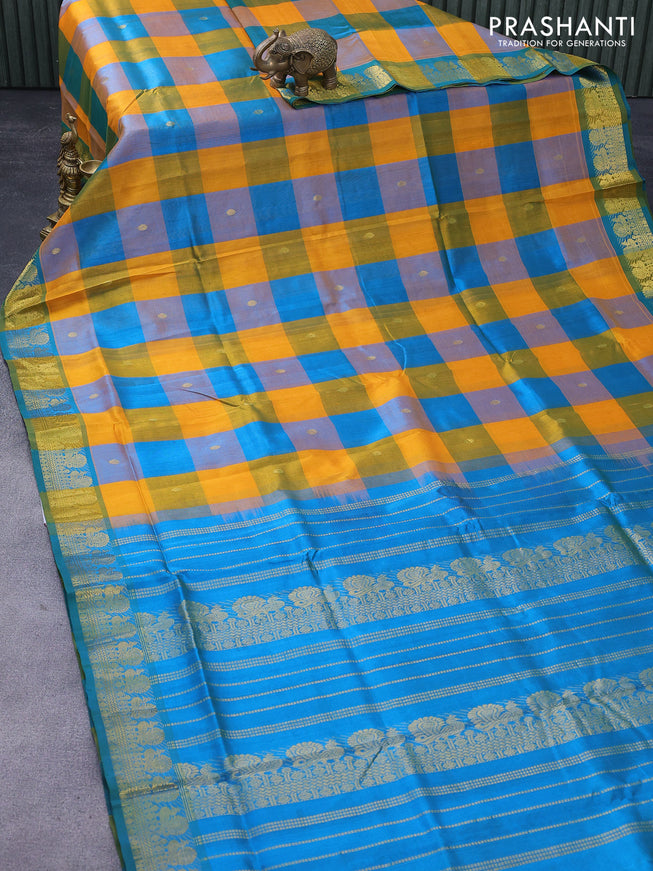 Silk cotton saree multi colour and dual shade of cs blue with allover paalum pazhamum checks & rudhraksha zari buttas and annam zari woven border