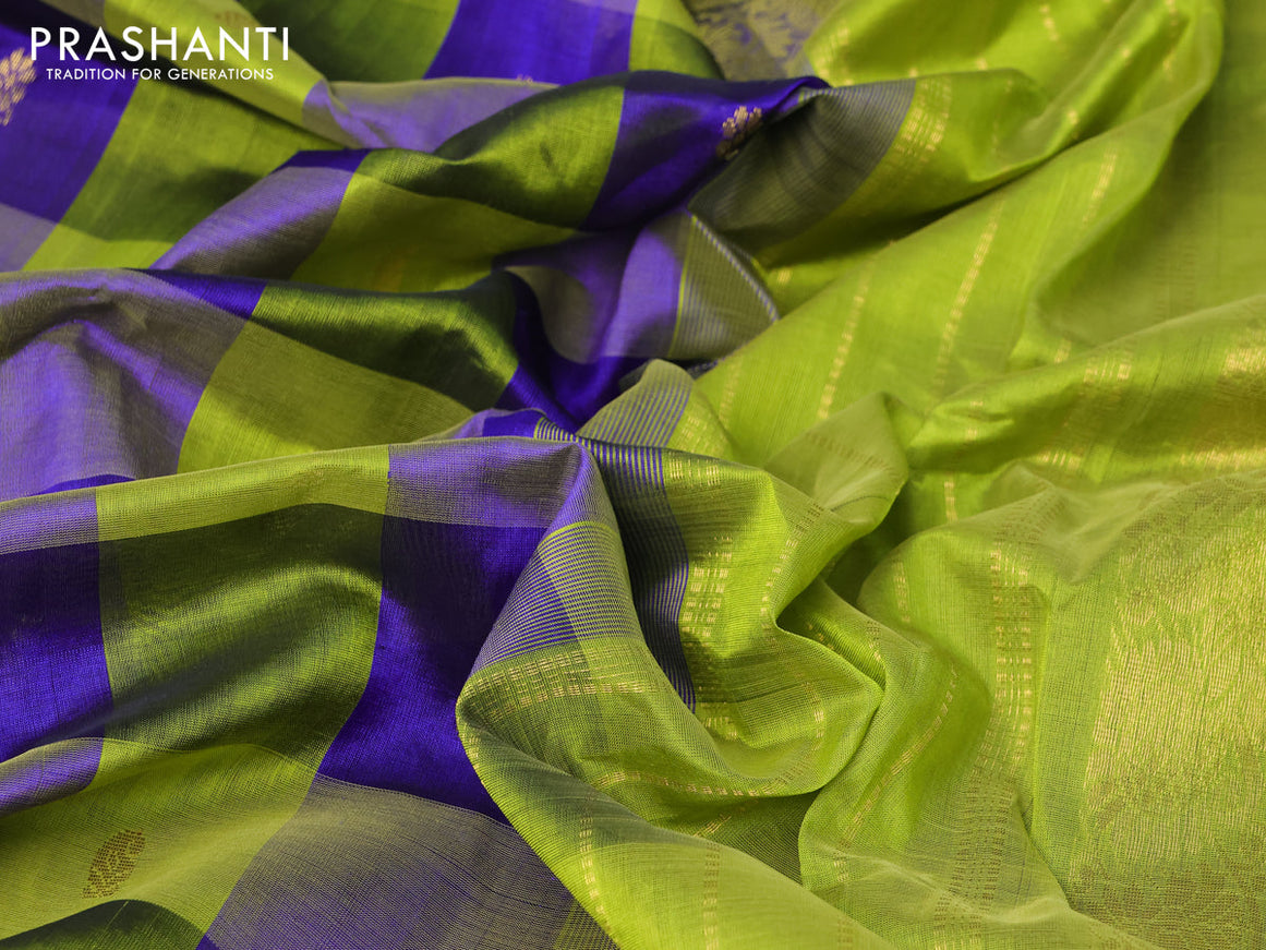 Silk cotton saree blue and lime green with allover paalum pazhamum checked pattern & zari buttas and zari woven border