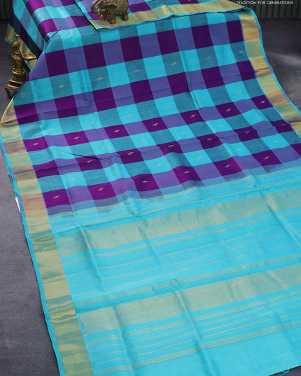 Silk cotton saree teal blue and violet with allover paalum pazhamum checked pattern & zari buttas and zari woven border