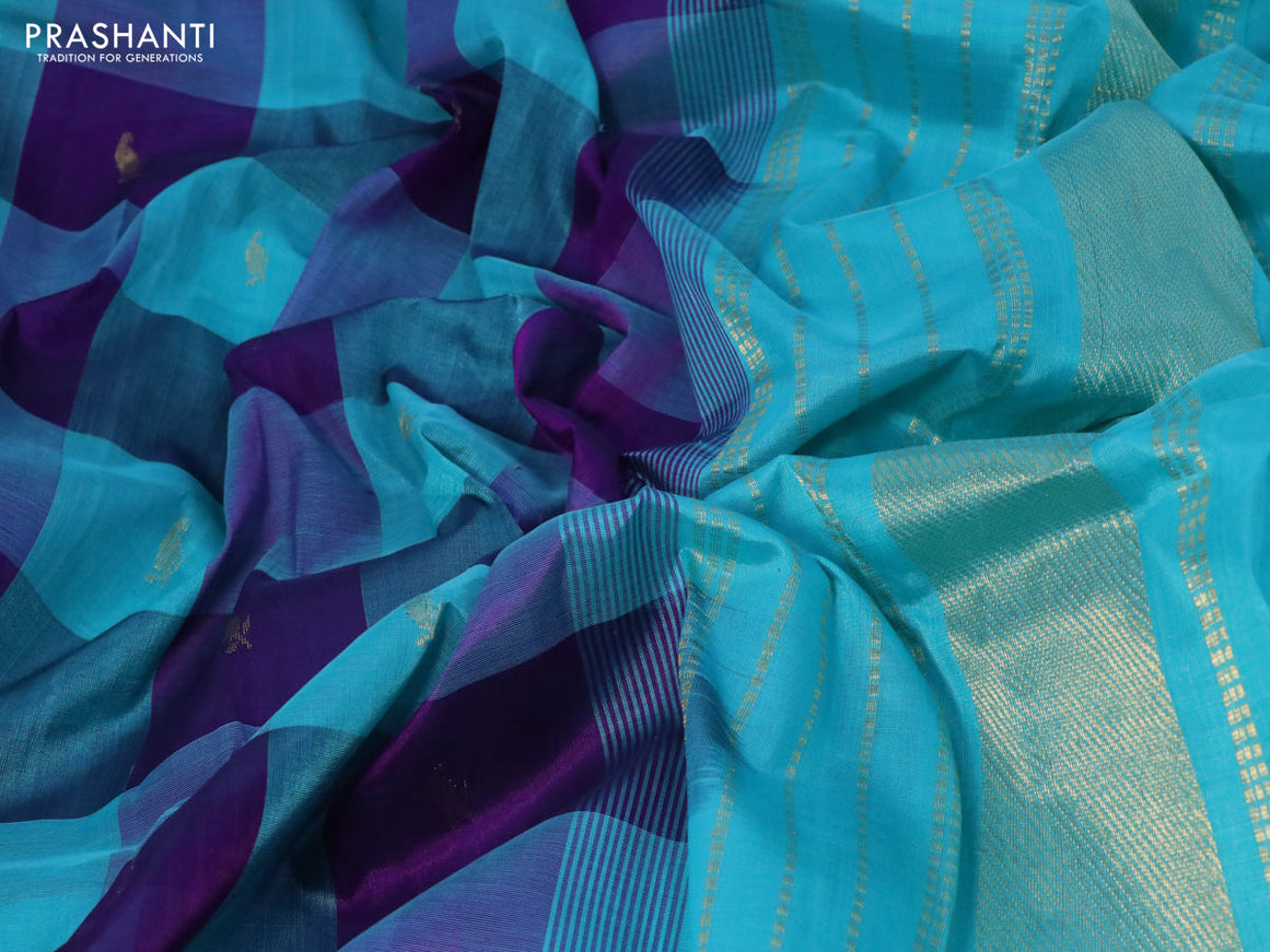 Silk cotton saree teal blue and violet with allover paalum pazhamum checked pattern & zari buttas and zari woven border