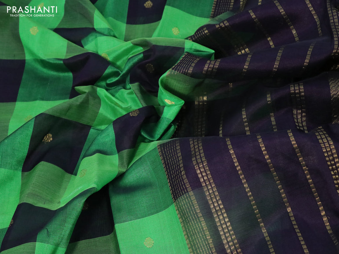 Silk cotton saree green and deep jamun shade with allover paalum pazhamum checked pattern & zari buttas and zari woven border