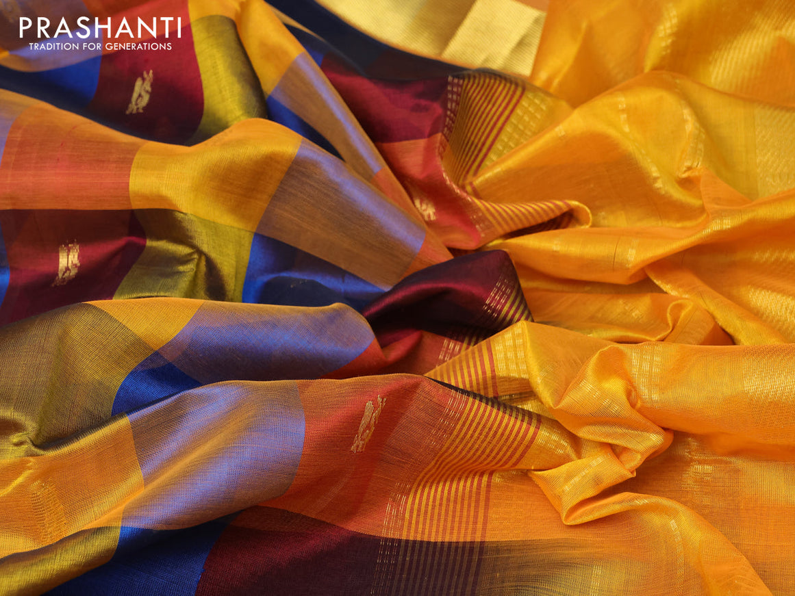 Silk cotton saree multi colour and mustard yellow with allover paalum pazhamum checked pattern & zari buttas and zari woven border