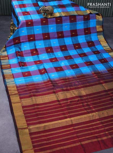 Silk cotton saree cs blue and maroon with allover paalum pazhamum checked pattern & zari buttas and zari woven border